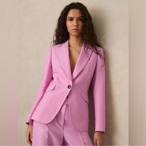 REISS Raine Single Breasted Suit Jacket with Linen In Pink Retails MSRP $425